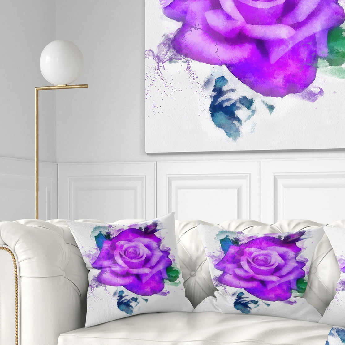 Designart Hand made Purple Rose Watercolor - Floral Throw Pillow - 18x18