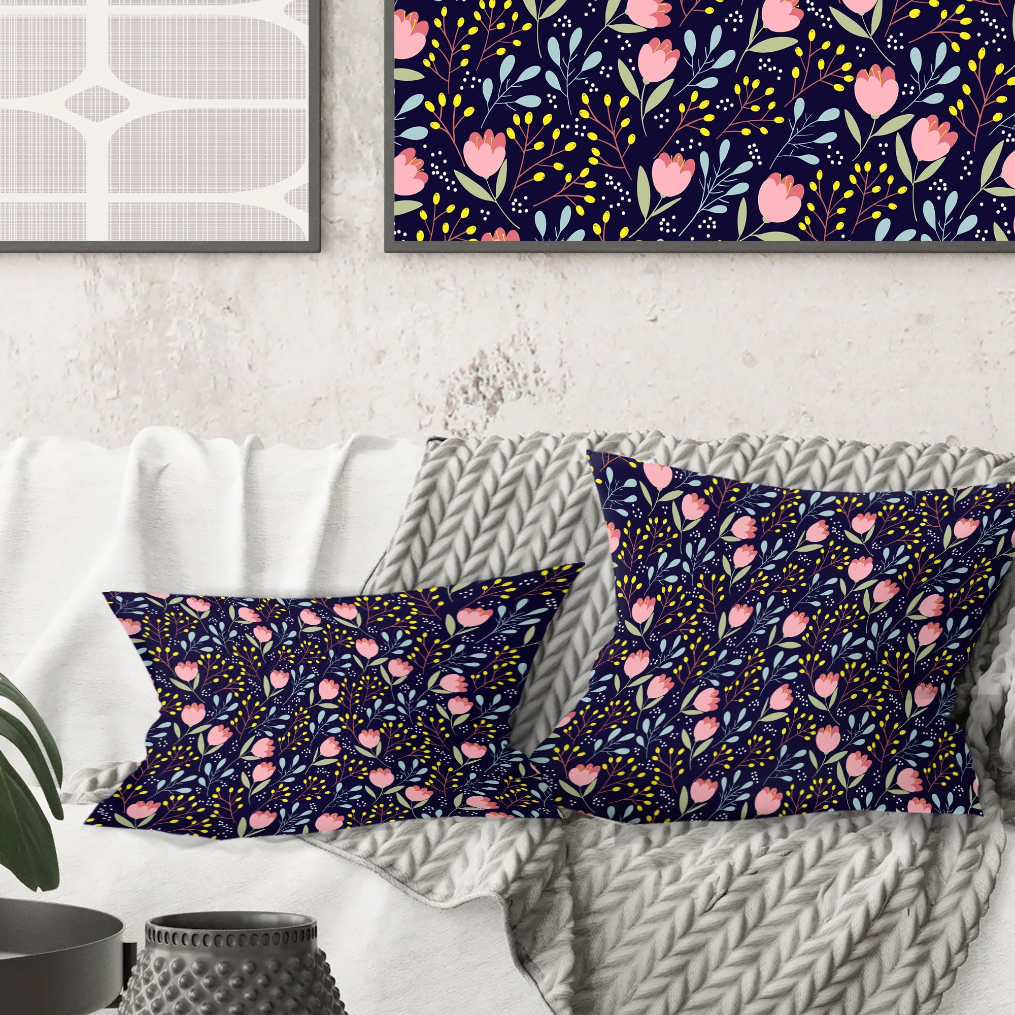 Designart Handdrawn Pink Flowers ' Mid-Century Modern Throw Pillow - 16x16