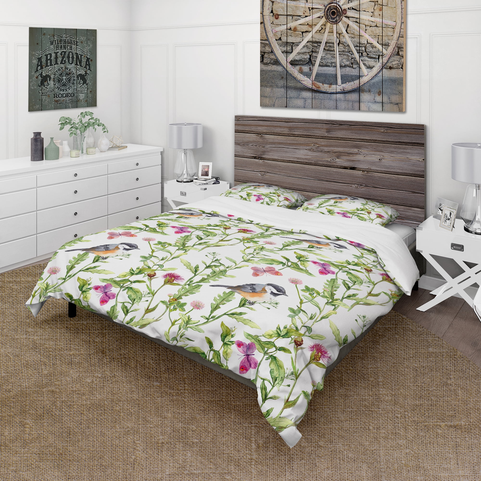 Designart 'Handdrawn painting of Meadow with Butterflies, Birds and Herbs' Floral Duvet Cover Set