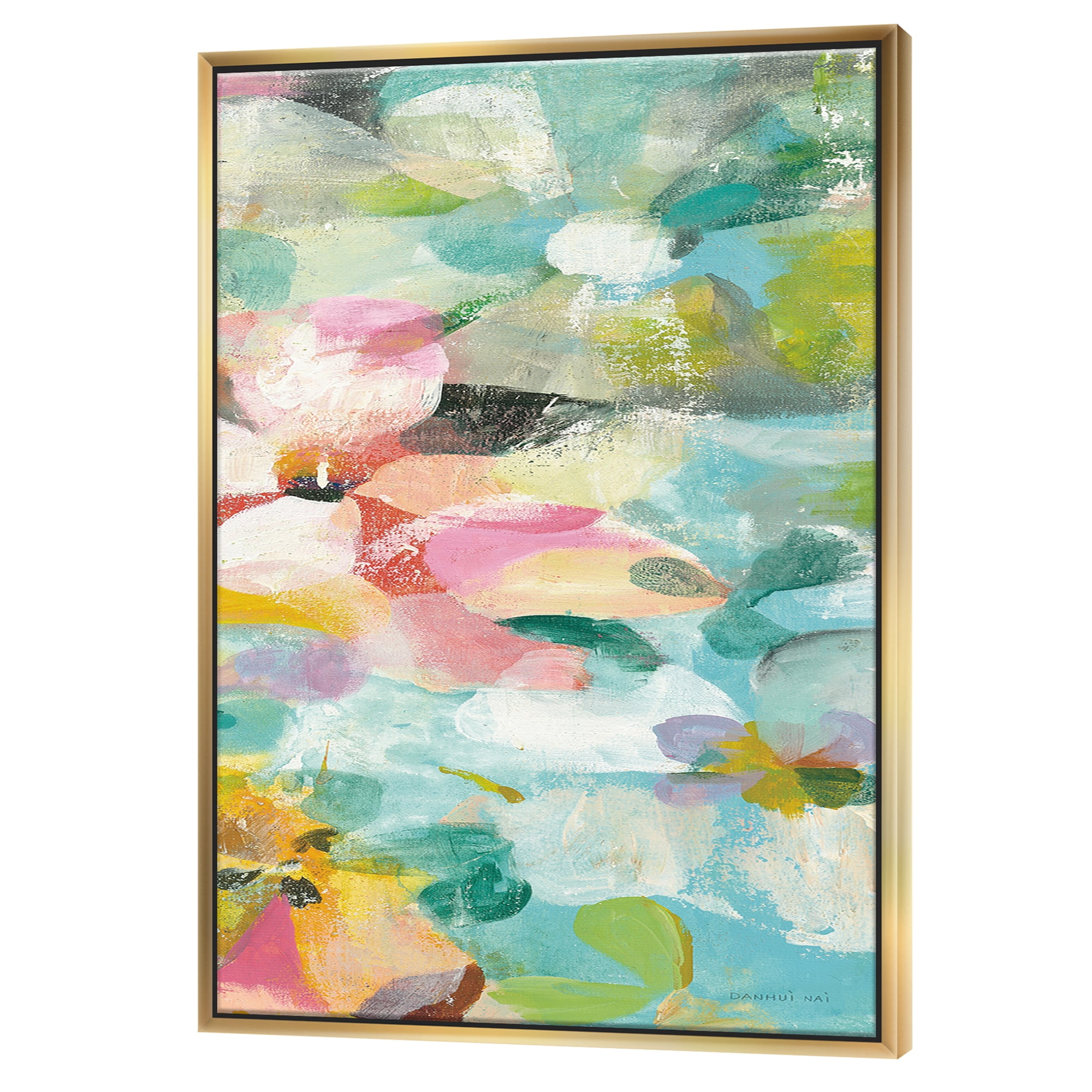 Designart ' Handpainted Abstract Flowers in Blue and Pink ' Cabin & Lodge Framed Canvas