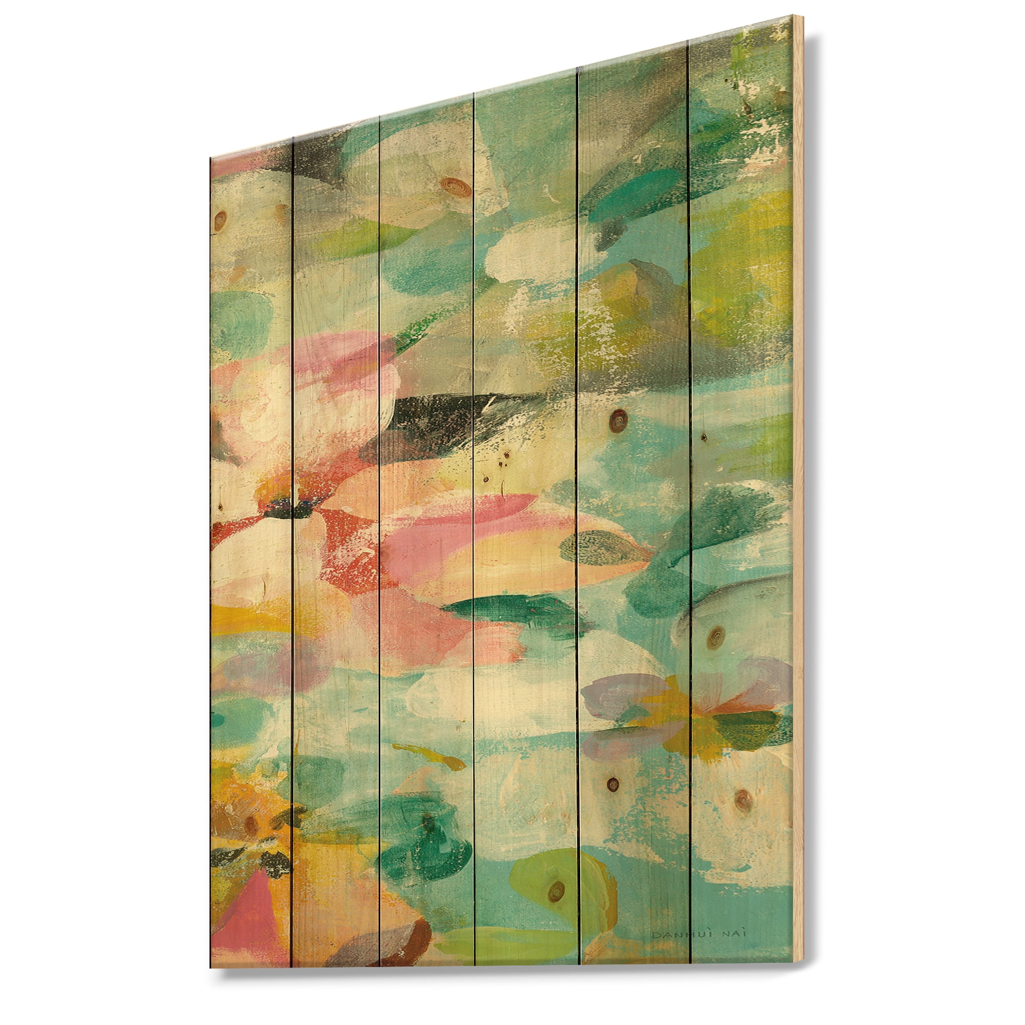Designart 'Handpainted Abstract Flowers in Blue and Pink' Cabin & Lodge Print on Natural Pine Wood
