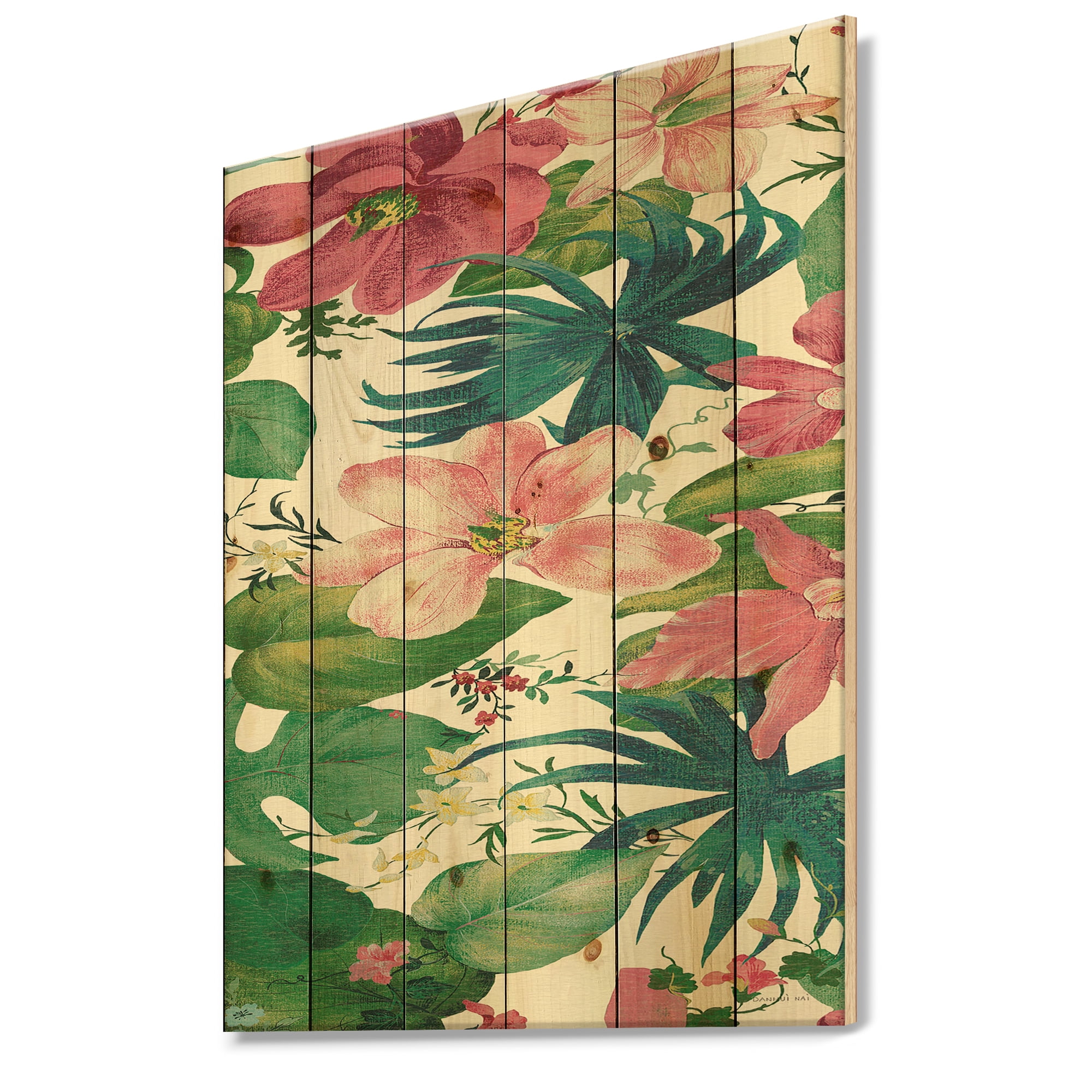 Designart 'Handpainted Pink Tropical Flowers' Cabin & Lodge Print on Natural Pine Wood
