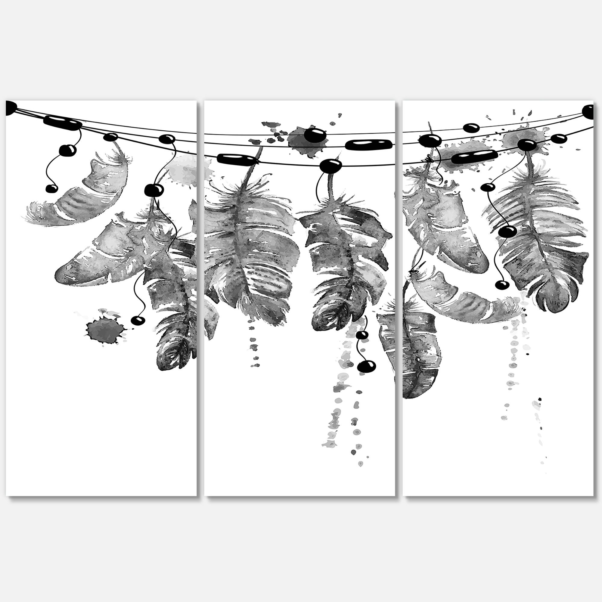 Designart ' Hanging Monochrome Bird Feathers ' Bohemian & Eclectic Canvas Wall Art Print