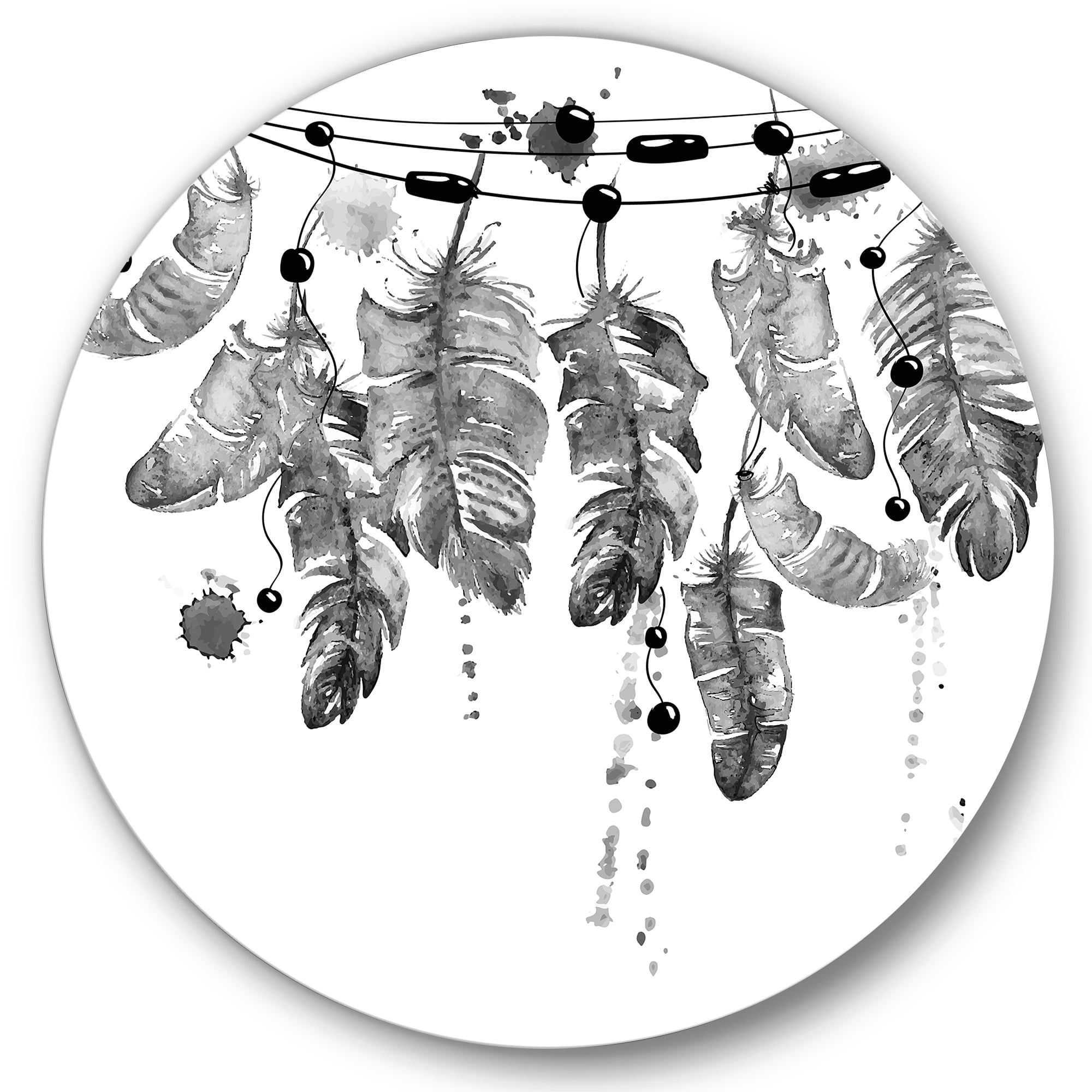 Designart 'Hanging Monochrome Bird Feathers' Bohemian & Eclectic Circle Metal Wall Art 11x11 - Disc of 11