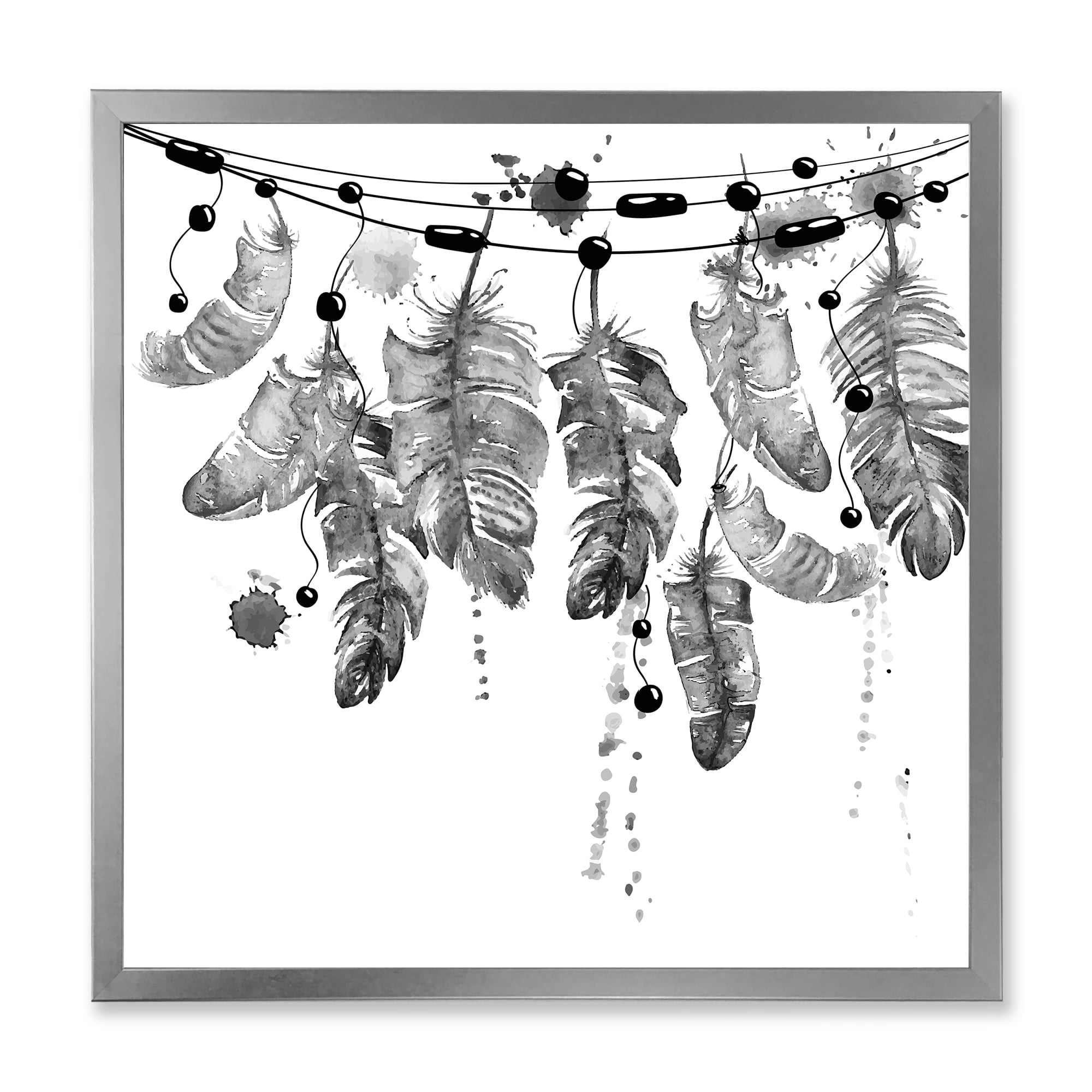 Designart 'Hanging Monochrome Bird Feathers' Bohemian & Eclectic Framed Art Print