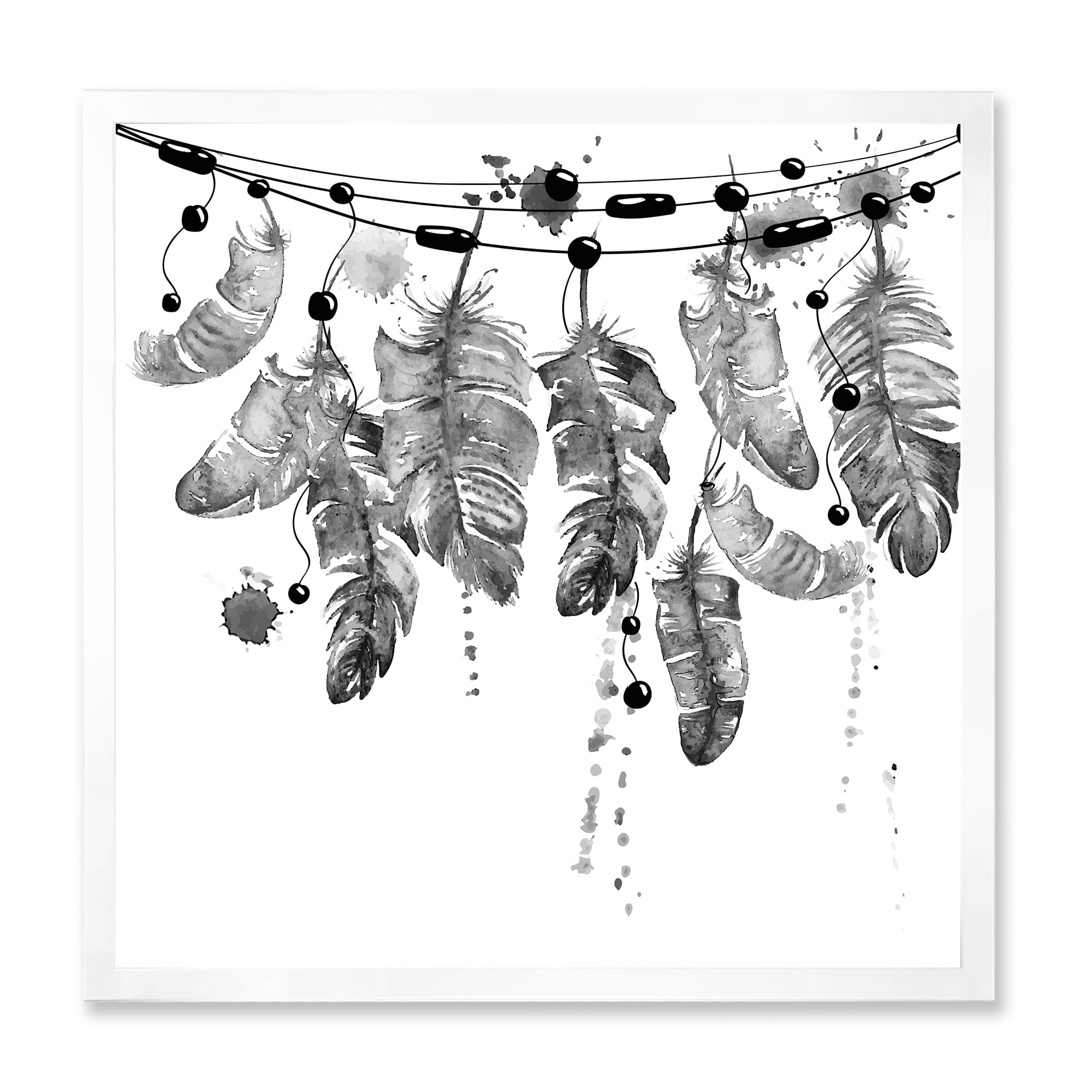 Designart 'Hanging Monochrome Bird Feathers' Bohemian & Eclectic Framed Art Print