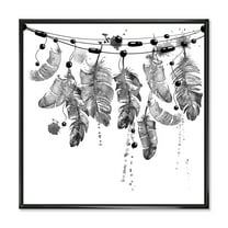 Designart 'Hanging Monochrome Bird Feathers' Bohemian & Eclectic Framed Canvas Wall Art Print