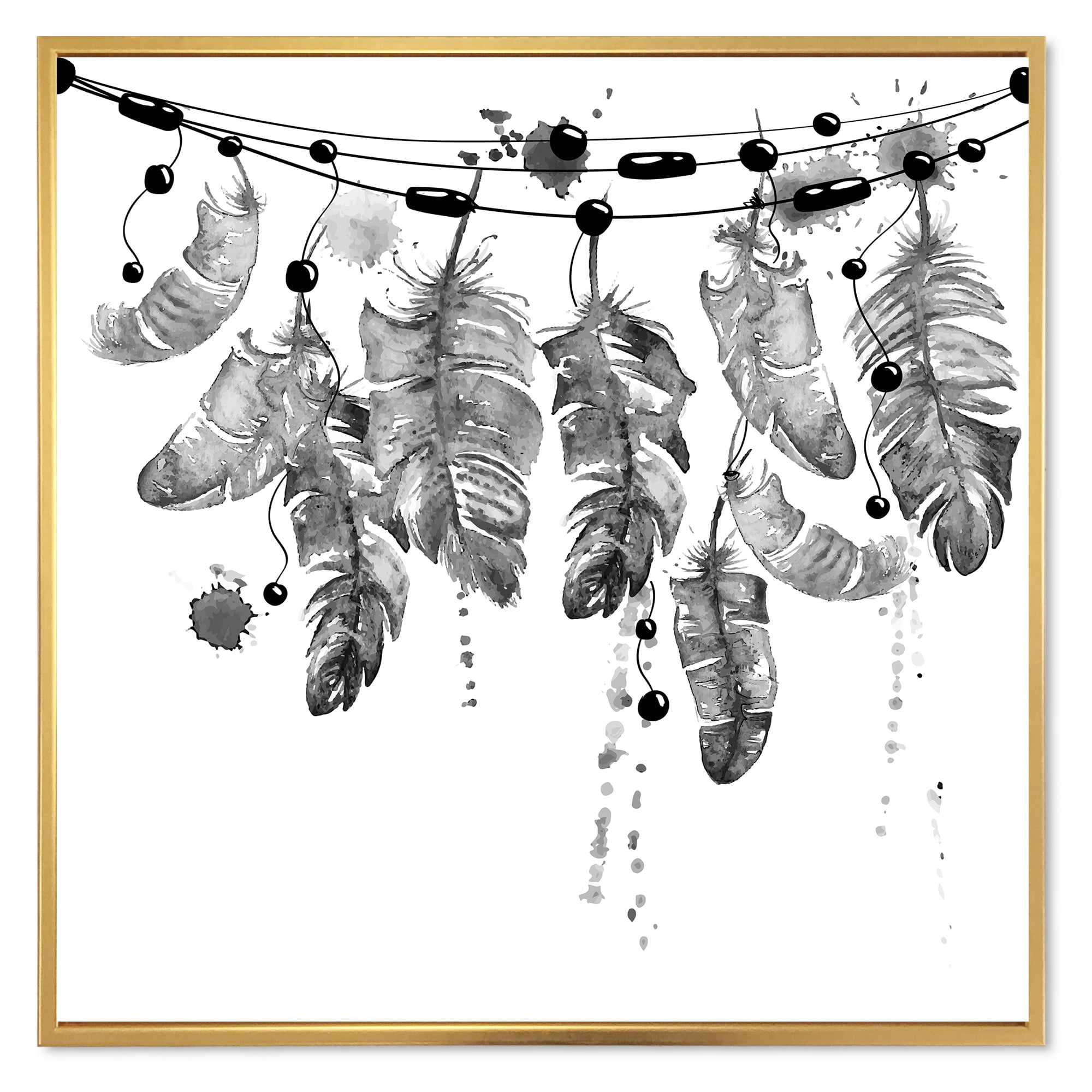 Designart 'Hanging Monochrome Bird Feathers' Bohemian & Eclectic Framed Canvas Wall Art Print