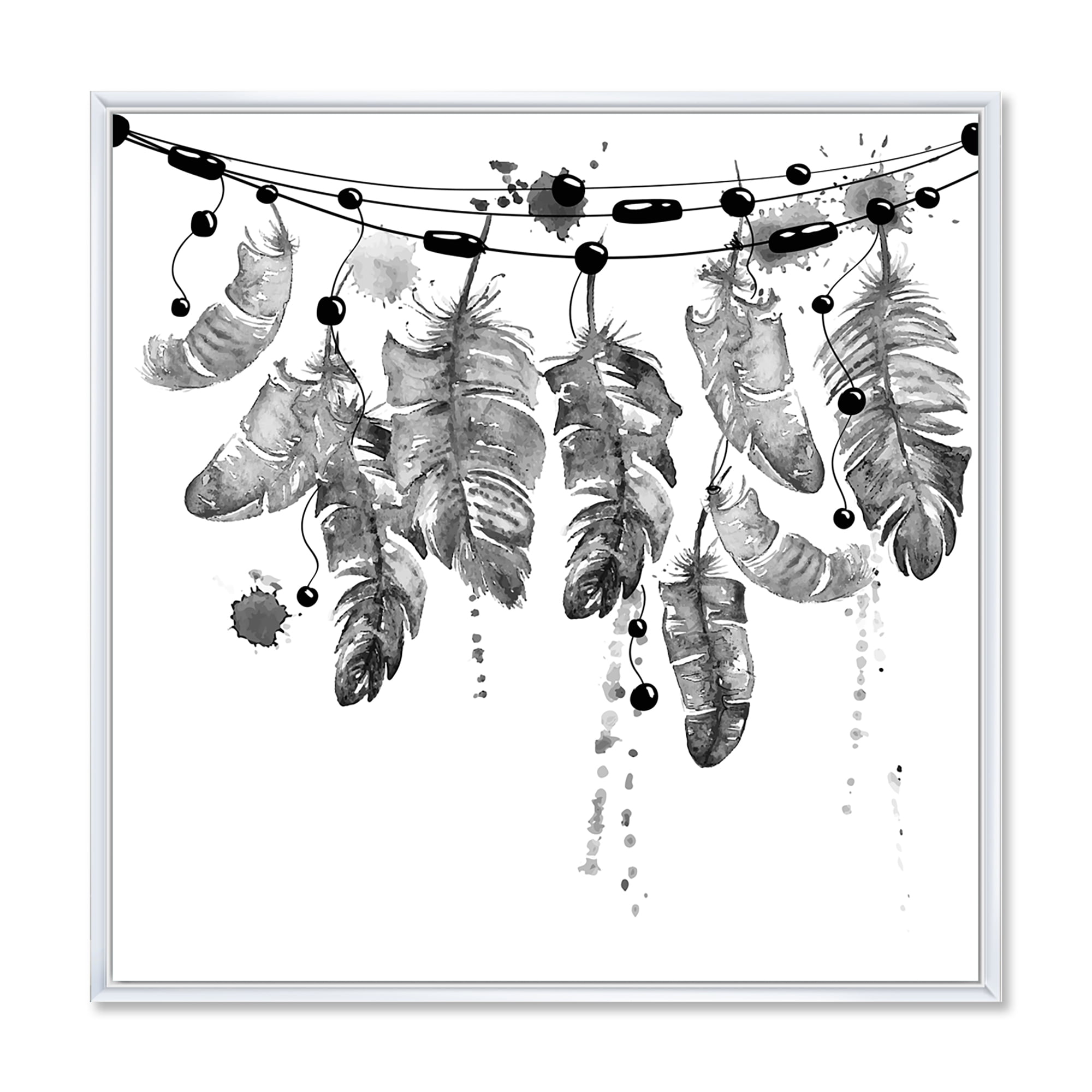 Designart 'Hanging Monochrome Bird Feathers' Bohemian & Eclectic Framed Canvas Wall Art Print