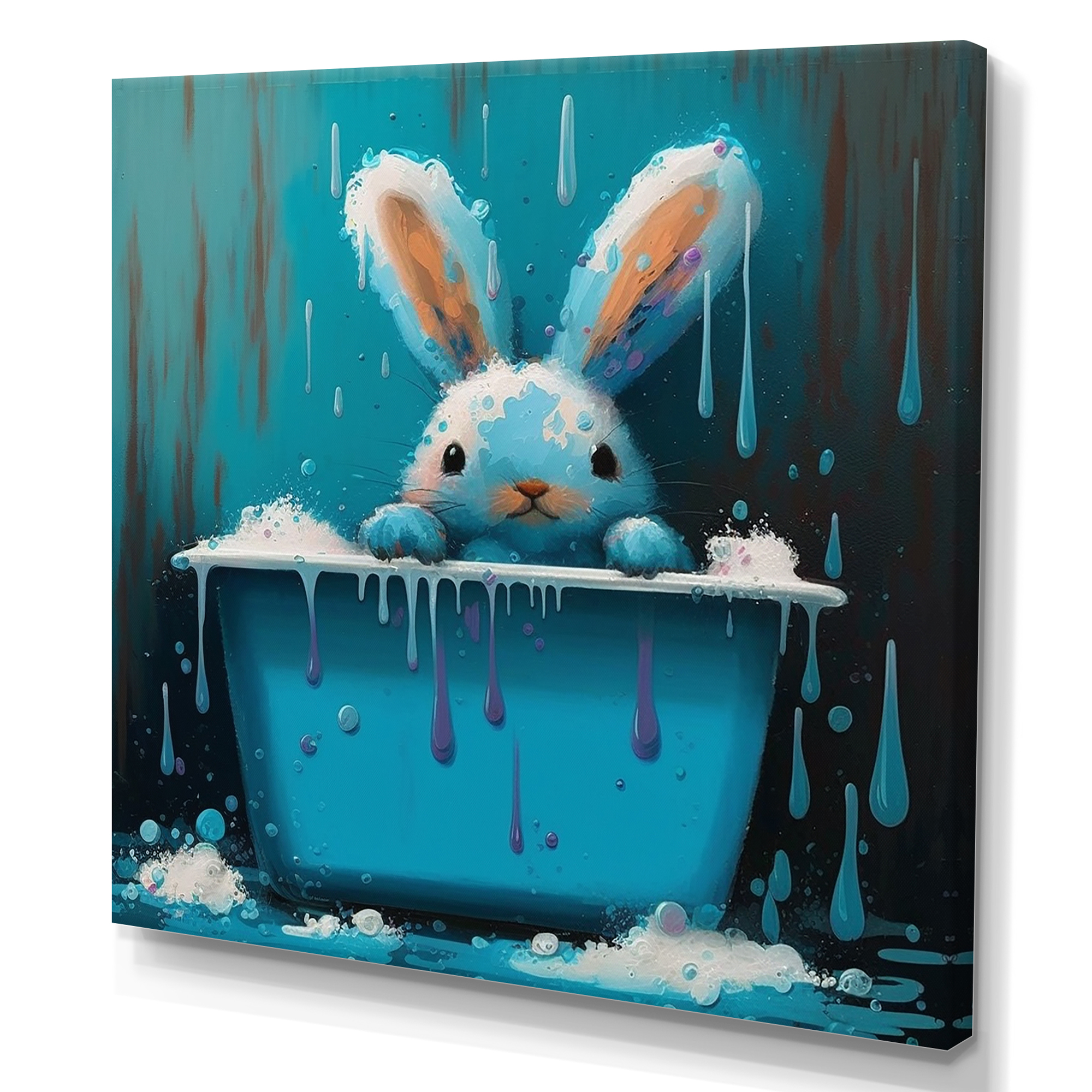 Designart Happy Blue Bunny In The Bath Canvas Wall Art
