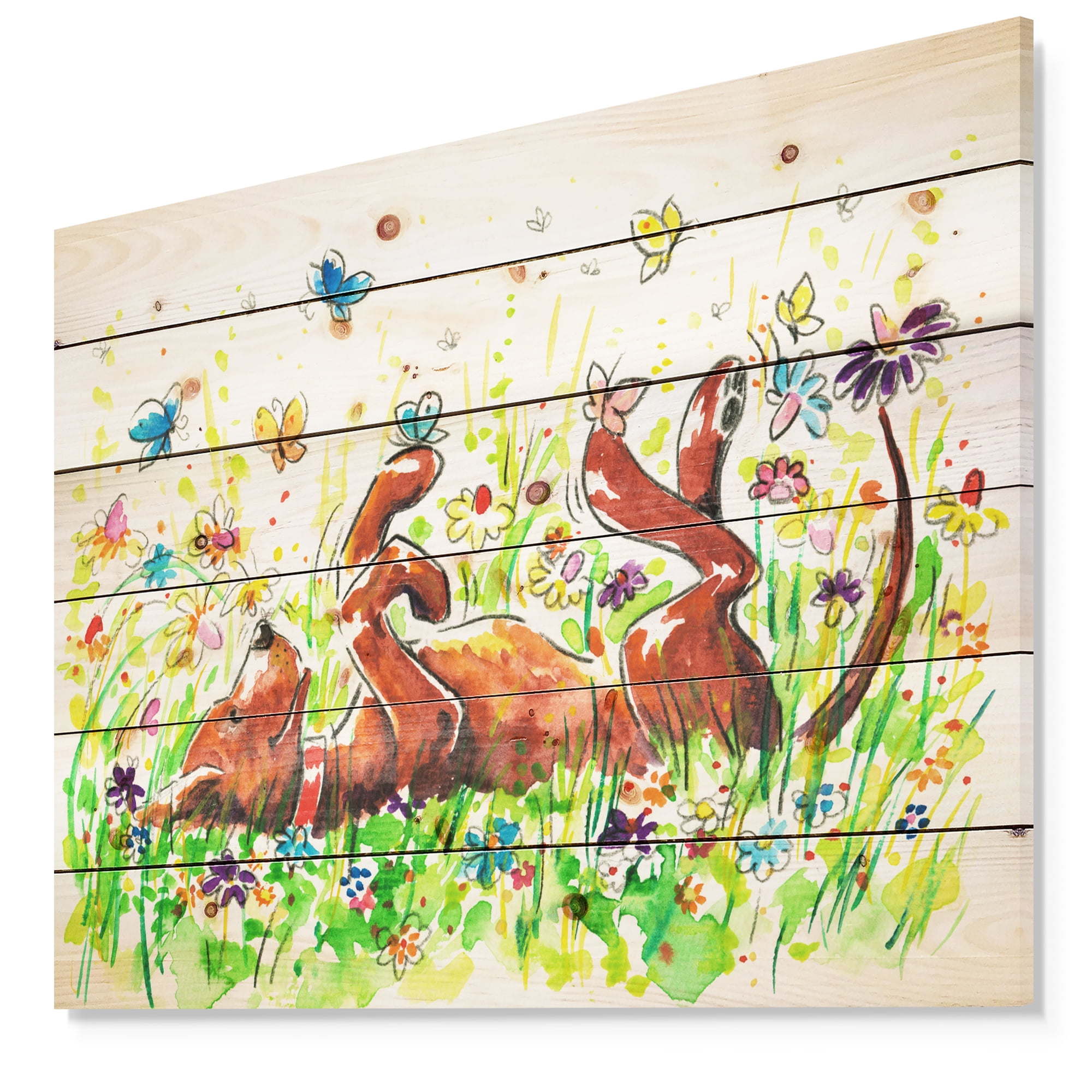 Designart 'Happy Brown dog with Flowers and Butterfly' Animals Painting Print on Natural Pine Wood