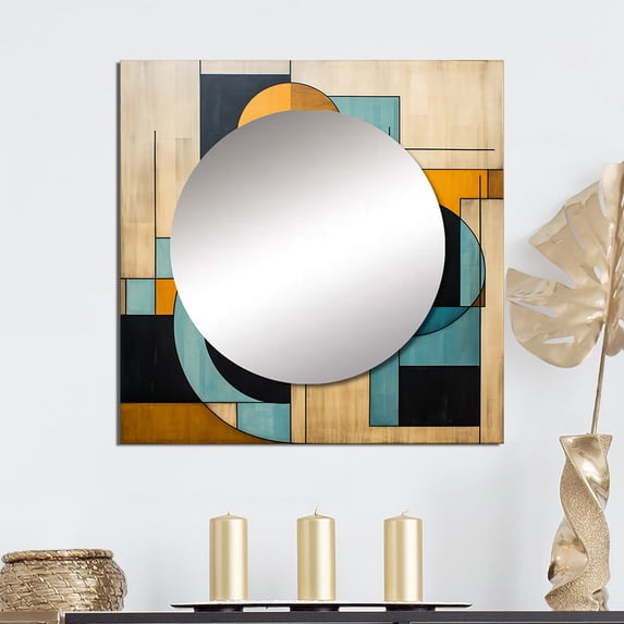 Designart "Happy Coincidence Abstract Retro Geometrics" Modern Midcentury Blue Large Square Mirror - Square Bedroom Mirror Printed Wall Decor - Mid-Century Square Printed Wall Mirror Art