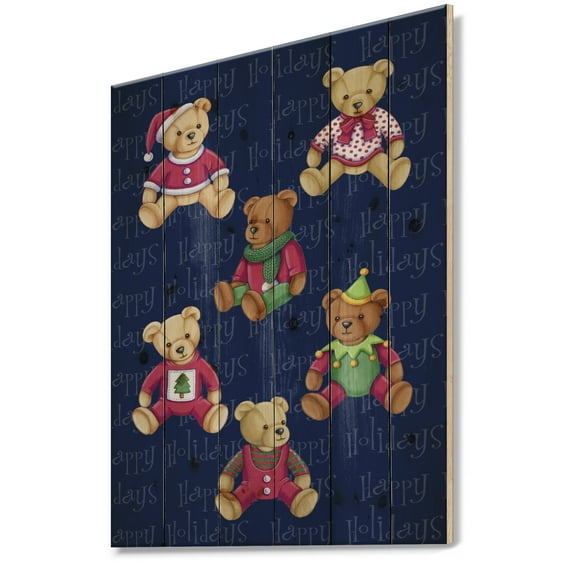 Designart 'Happy Holidays Christmas Bears' Print on Natural Pine Wood
