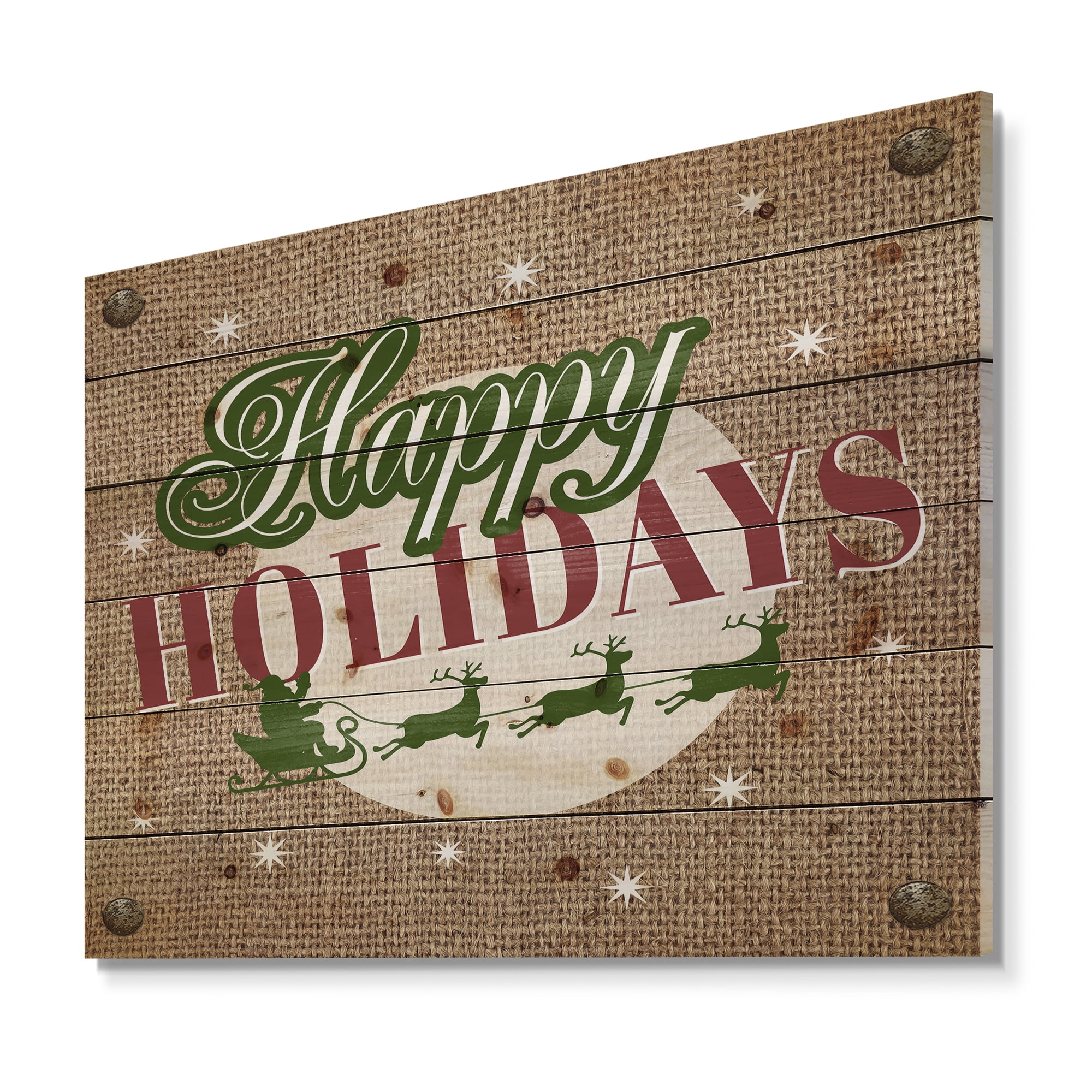 Designart 'Happy Holidays Christmas Wish on Burlap' Print on Natural Pine Wood