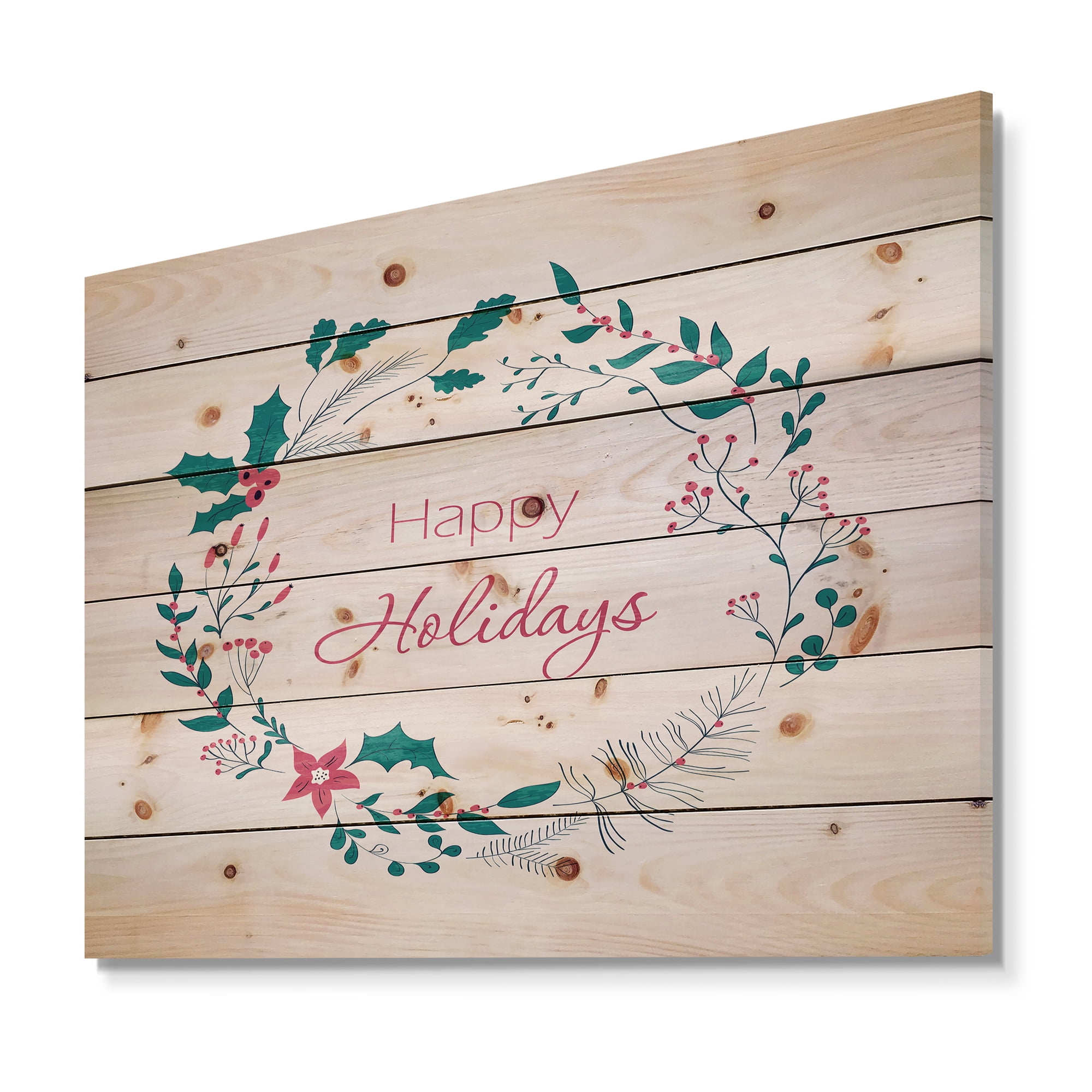 Designart 'Happy Holidays in Christmas Wreath' Print on Natural Pine Wood