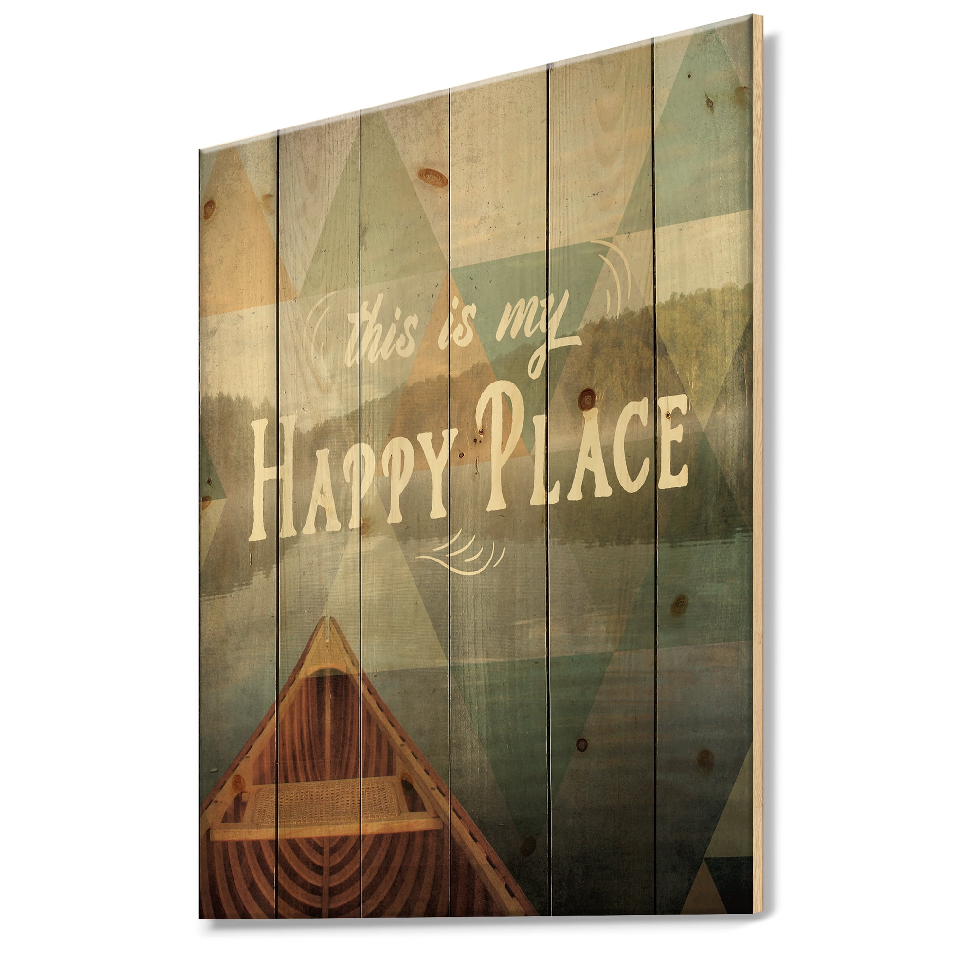 Designart 'Happy Quote Lake House' Cottage Print on Natural Pine Wood