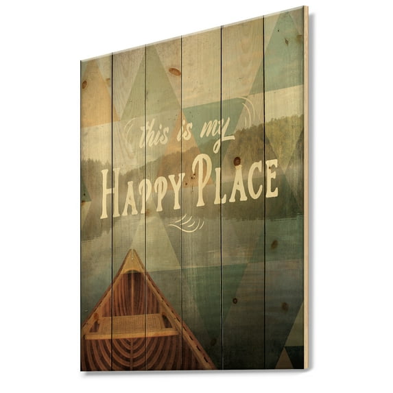 Designart 'Happy Quote Lake House' Cottage Print on Natural Pine Wood