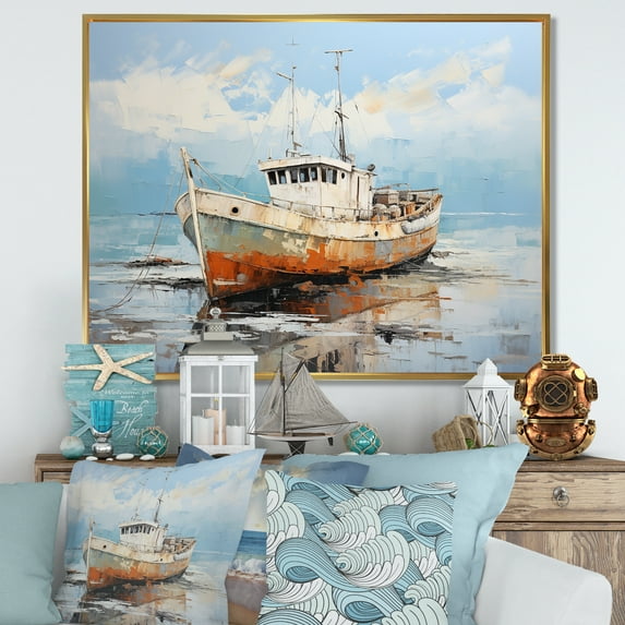 Designart "Harbor Docked Fishing Vessel II" Coastal Boat Floater Framed Wall Art Living Room