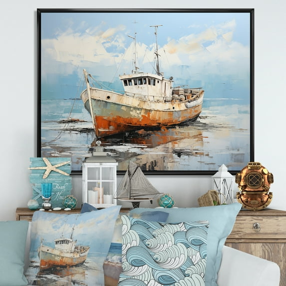 Designart "Harbor Docked Fishing Vessel II" Coastal Boat Floater Framed Wall Art Living Room