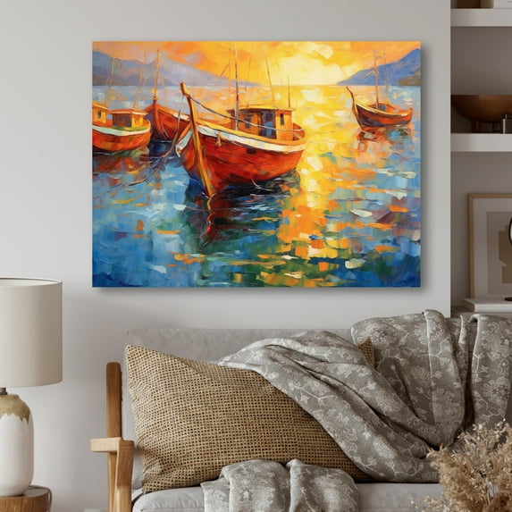Designart "Harbor Scene with Boats II" Boat Metal Wall Art Prints