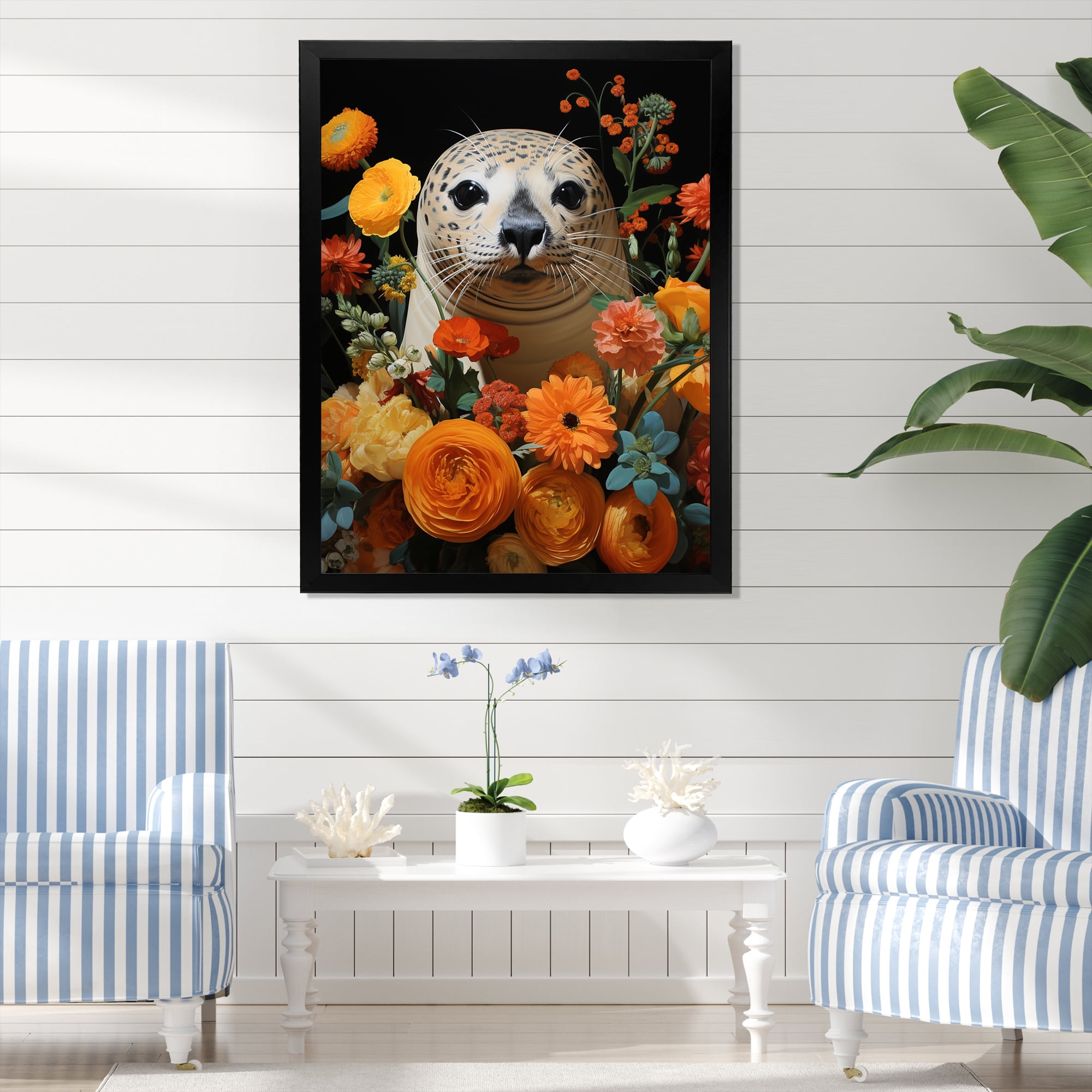 Designart "Harbor Seal Blooms Colorful Florals" Animals Framed Wall Art