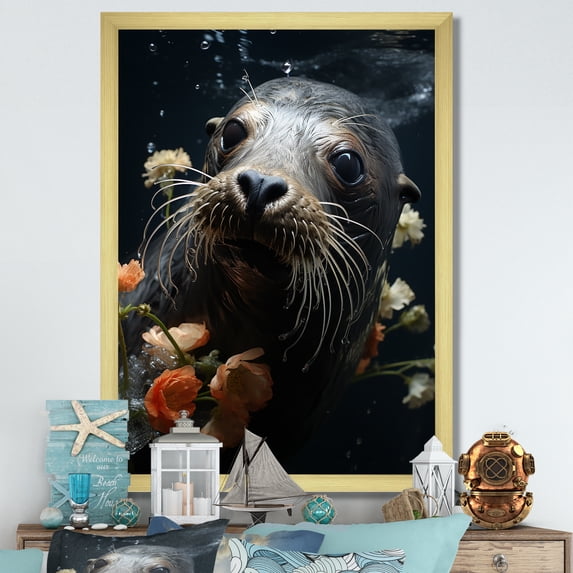 Designart "Harbor Seal Blooms in Floral Display II" Animals Framed Wall Art - Coastal Black Coastal Animal Entryway Framed Wall Art