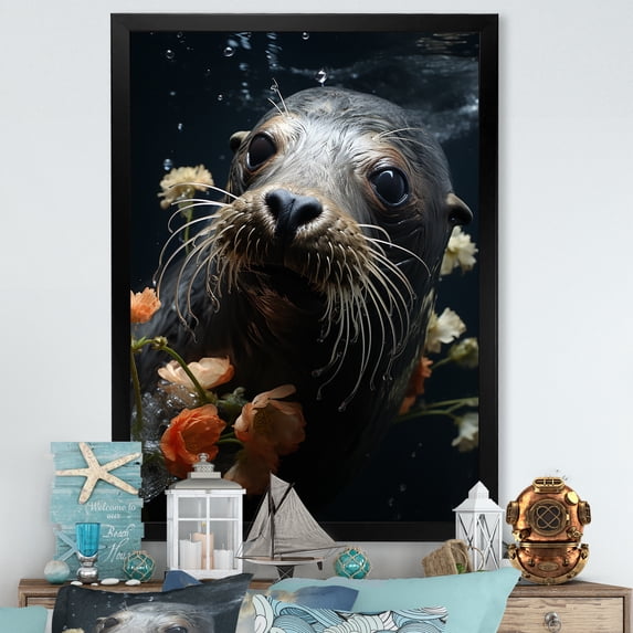 Designart "Harbor Seal Blooms in Floral Display II" Animals Framed Wall Art - Coastal Black Coastal Animal Entryway Framed Wall Art