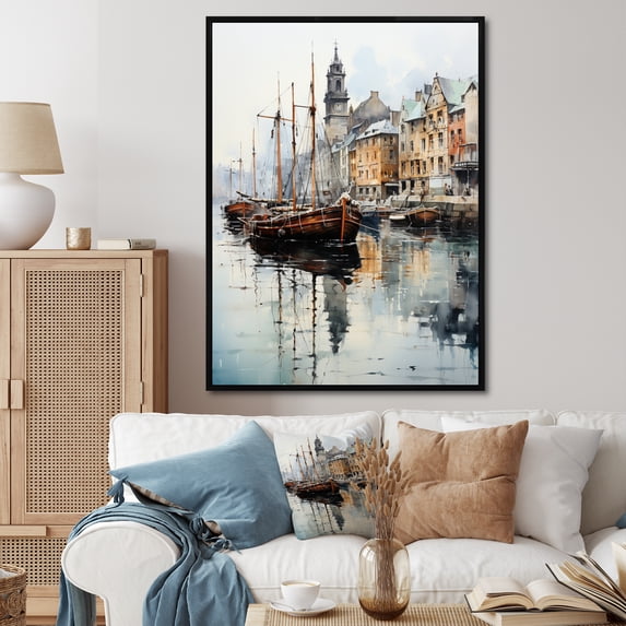 Designart "Harbor Townengland England Misty painting" England Floater Framed Wall Art Print