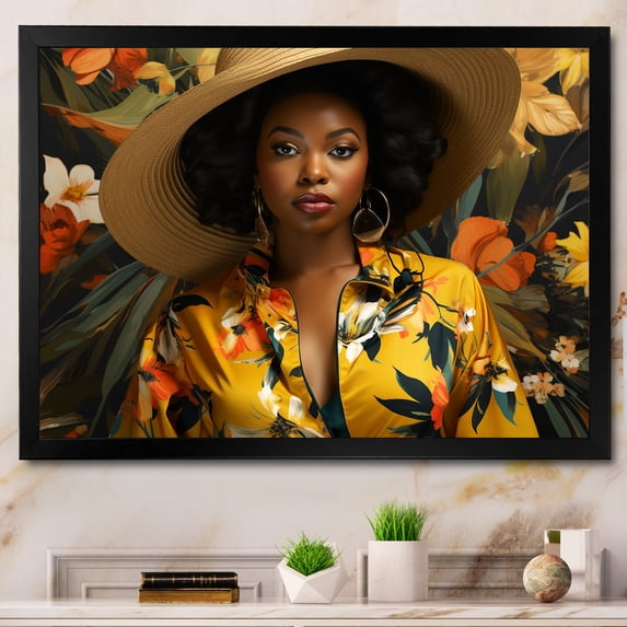 Designart "Harlem Renaissance African American Woman II" People Framed Wall Art Decor - Global Yellow African American Art Entryway Framed Wall Art Print
