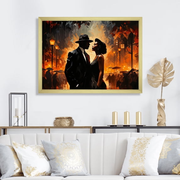 Designart "Harlem Renaissance Jazz Couple in Black and Orange" People Framed Wall Art Decor - Global Black Harlem Renaissance Bedroom Framed Canvas Wall Art