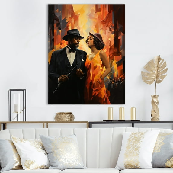 Designart "Harlem Renaissance Jazz Couple in Orange and Black" People Canvas Wall Art - Global Black Harlem Renaissance Bedroom Canvas Wall Art