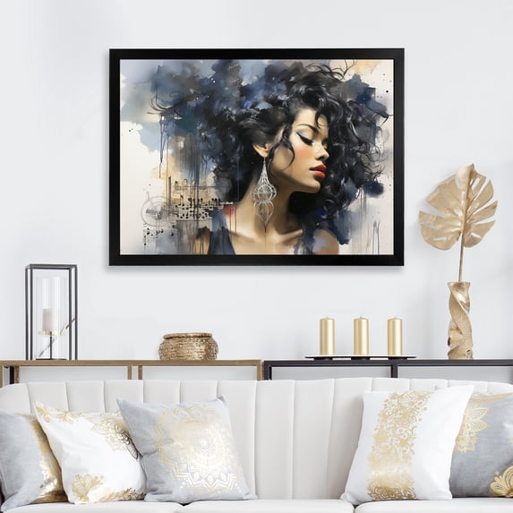 Designart "Harlem Renaissance Portrait Blue and Black Woman I" People Framed Wall Art Decor - Global Black Harlem Renaissance Entryway Framed Wall Art Print