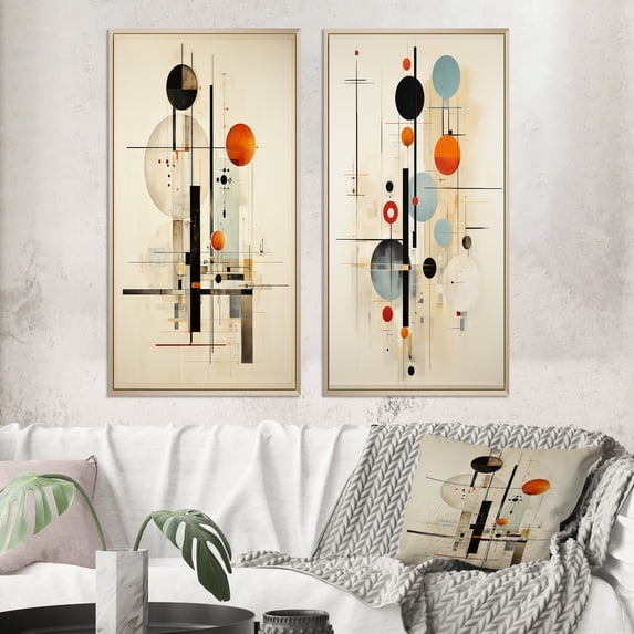 Designart "Harmonic Equilibrium Beige Suprematism II" Abstract Suprematism Framed Wall Art Set Of 2 - Multi-Color Abstract Framed Wall Art Set Of 2