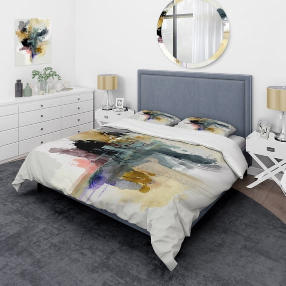 Designart "Harmonious Alizarin Tones II" Abstract Liquid Ink Bedding Covert Set - Modern Black Abstract Bed Set With 1 Sham