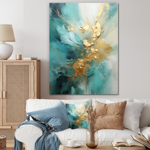 Designart "Harmonious Aurora In Gold And Teal II" Abstract Spirals Canvas Prints