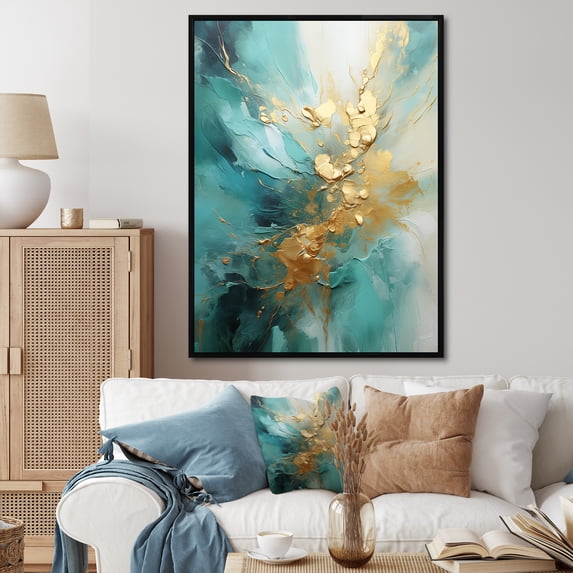 Designart "Harmonious Aurora In Gold And Teal II" Abstract Spirals Floater Framed Canvas Prints