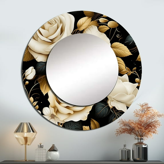 Designart "Harmonious Beige Rose Elegance II" Floral Round Mirror Wall Decor Cottage - Large Black Round Bathroom Mirror - Round Mirror - 23" x 23"