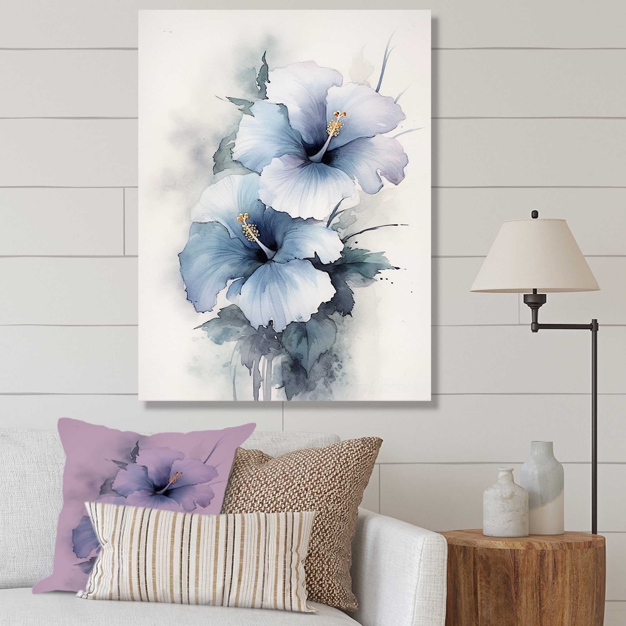 Harmonious Blue and Beige Hibiscus Canvas Wall Art