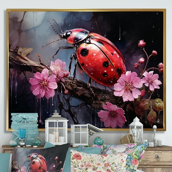 Designart "Harmonious Encounter With Botanical Ladybug IV" Ladybug Floater Framed Canvas Art Print