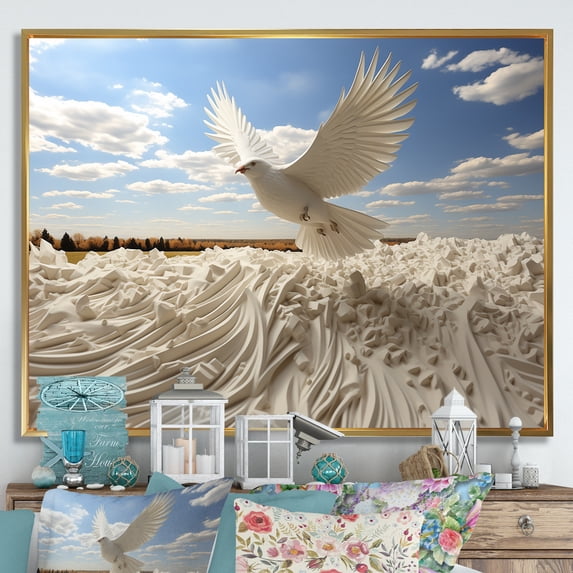 Designart "Harmonious Flight White Dove" Animals Framed Wall Art - Modern White Dove Entryway Framed Wall Art Print