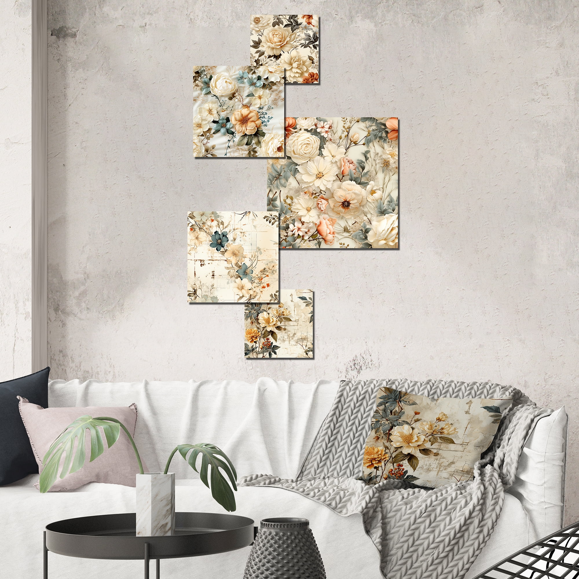 Beige and Blue Floral Patchwork Metal Wall Art Set of 5