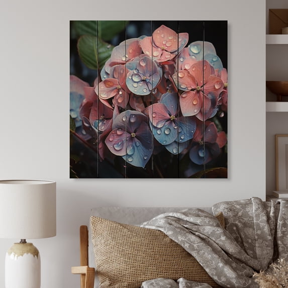 Designart "Harmonious Fusion Pink Blue Hydrangea" Floral Print on Natural Pine Wood