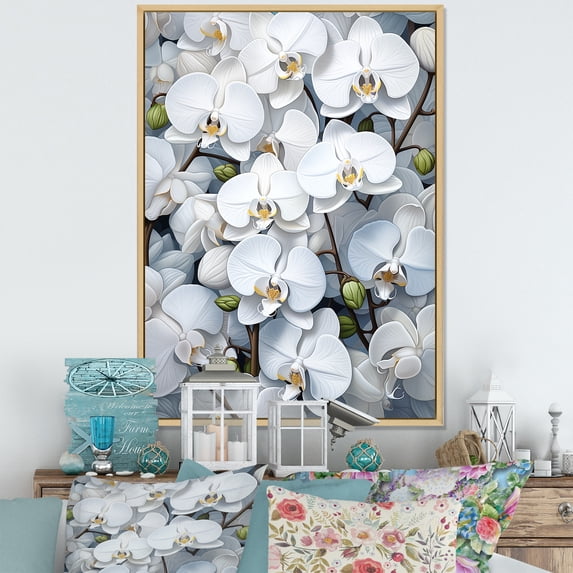 Designart "Harmonious Minimalist White Pansies" Pansies Floater Framed Canvas Art Print