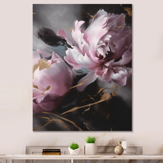 Designart "Harmonious Pink Grey Peony Flower I" Floral Peony Wall Art For Bathroom