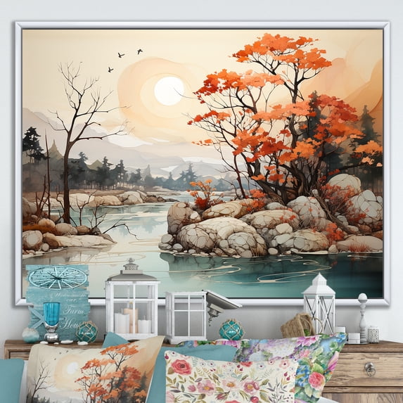 Designart "Harmonious River In Alcohol Ink" Countryside Floater Framed Canvas Wall Art