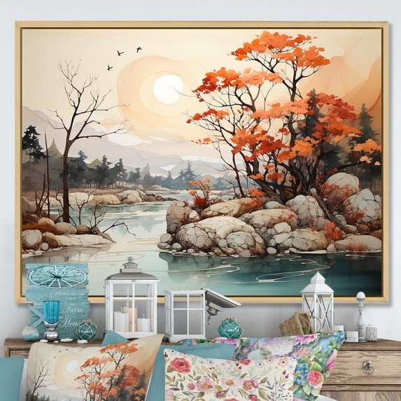 Designart "Harmonious River In Alcohol Ink" Countryside Floater Framed Canvas Wall Art
