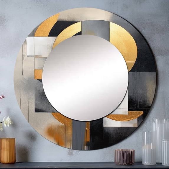 Designart "Harmonious Shapes Gold Black Composition" Abstract Shapes Rund Mirror For Wall Decor - Large Gold Round Printed Mirror -Modern Round Living Room Mirror - 23" x 23"