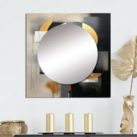 Designart "Harmonious Shapes Gold Black Composition" Abstract Shapes Square Mirror Wall Decor Transitional - Large Gold Square Bathroom Mirror - Square Printed Wall Mirror Art