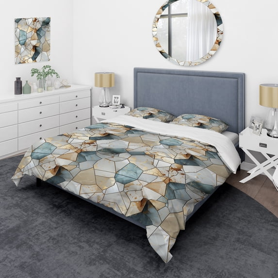 Designart "Harmonious Teal And Grey Marble Essence" Marble Bedding Covert Set - Glam Bed Set With 2 Shams
