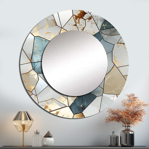 Designart "Harmonious Teal And Grey Marble Essence" Abstract Round Mirror Wall Decor Glam - Large Teal Round Bathroom Mirror - Round Mirror - 29" x 29"